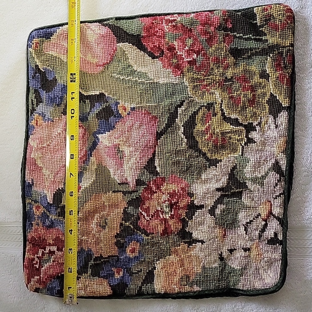 Vintage Wool Needlepoint Floral Throw Pillow Cover. Green Velvet Zippered Back.